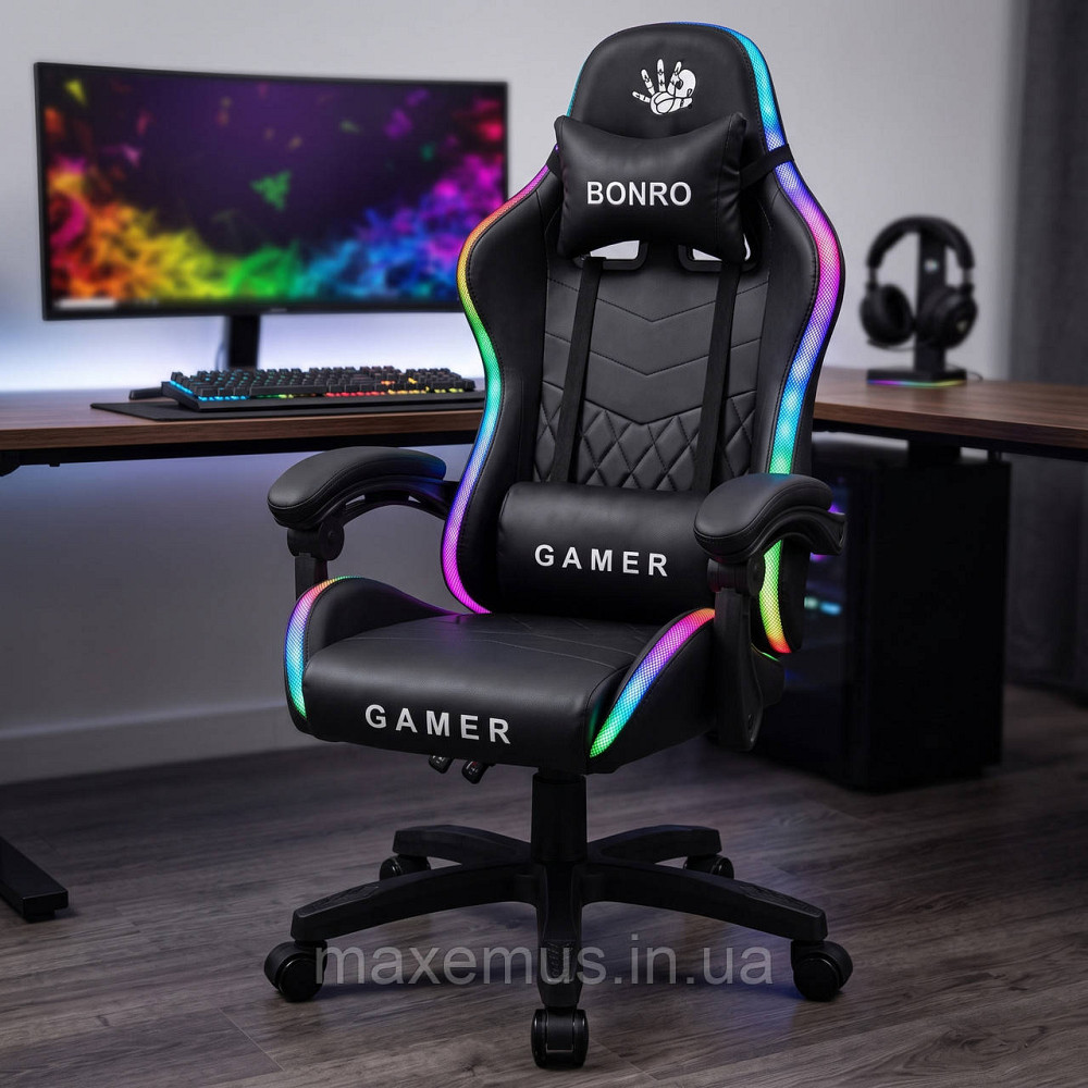 Компьютерное геймерское кресло Bonro Gamer B-149 Черное с LED-подсветкой (Игровое кресло) Мостиська - фото 8