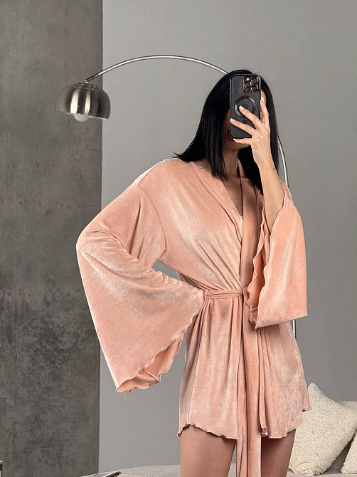 Женский домашний велюровый мини халат плюш велюр Персик, Oversize 42/46 Одесса - изображение 9