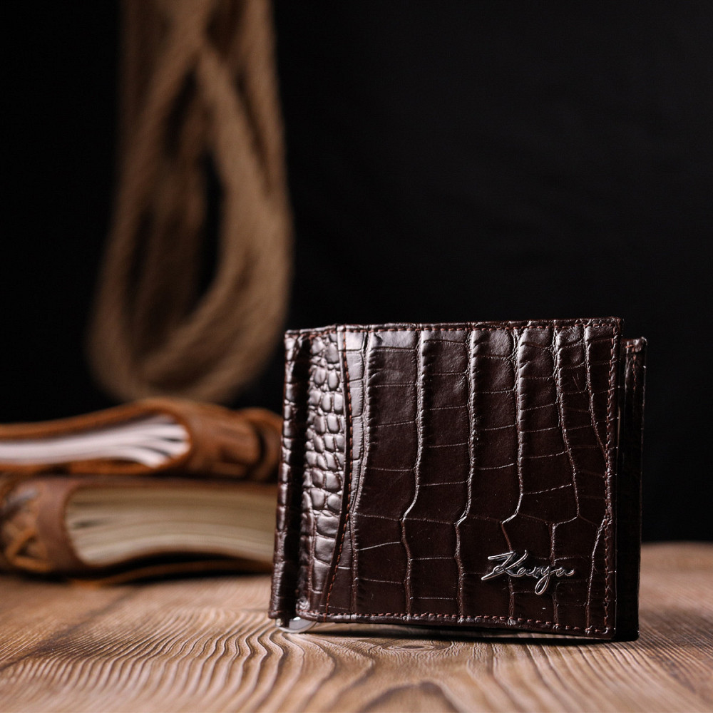 Превосходный мужской зажим из натуральной кожи с тиснением под крокодила KARYA 21119 Коричневый Киев - изображение 8