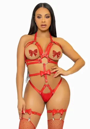 Портупея-тедді з ременів Leg Avenue Studded O-ring harness teddy S Red, екошкіра Львов
