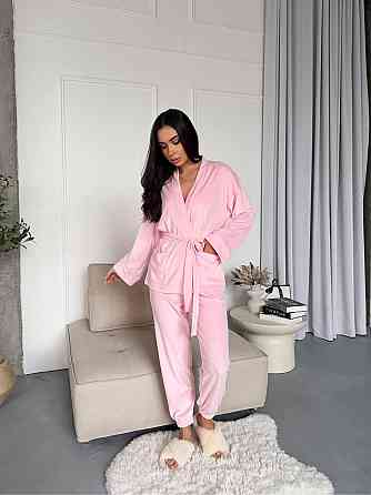 Женский стильный домашний велюровый комплект тройка Одесса