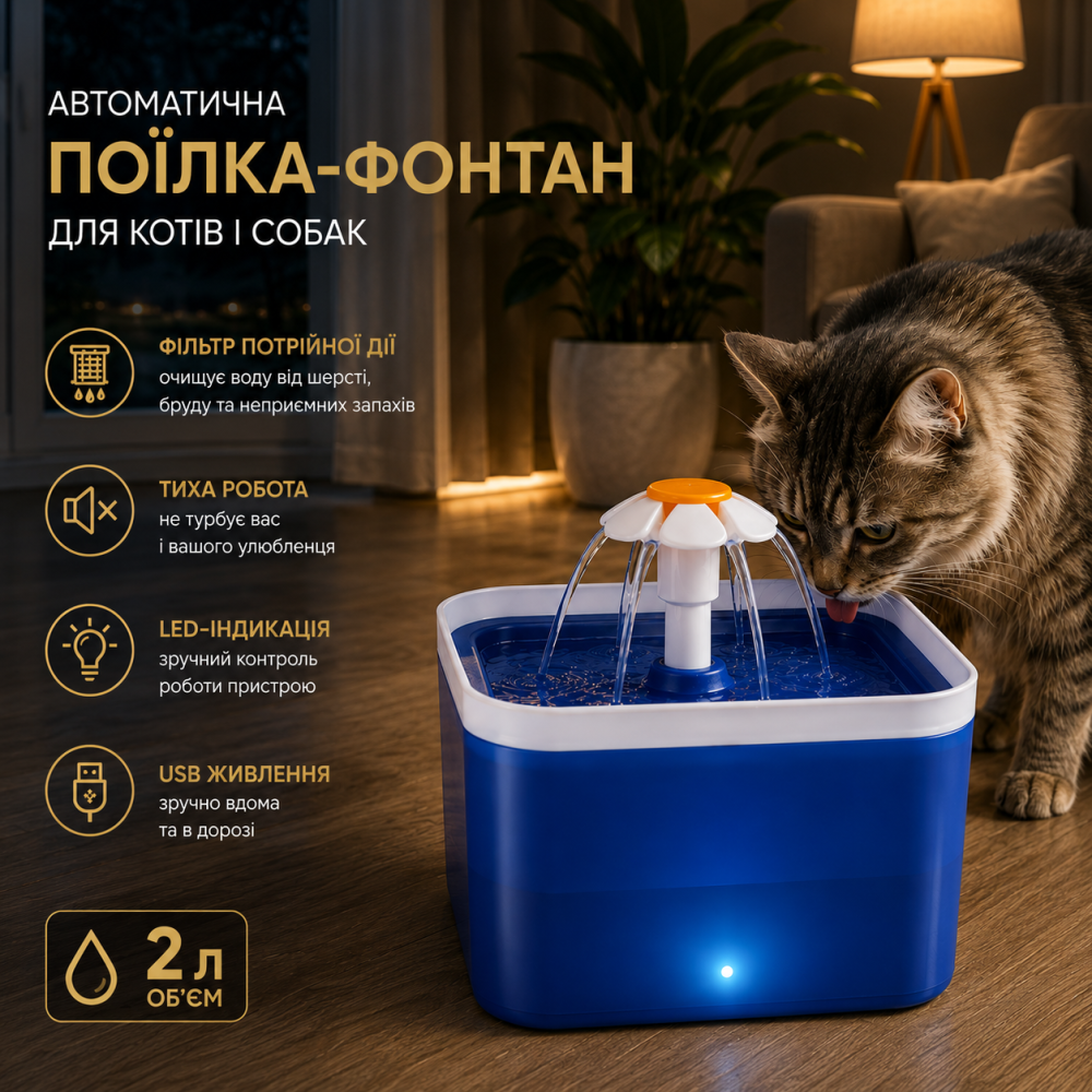 Питьевой фонтан для кошек и собак 2 л с датчиком движения, USB, LED-индикацией и многослойным фильтром, автопоилка синяя Киев - изображение 8