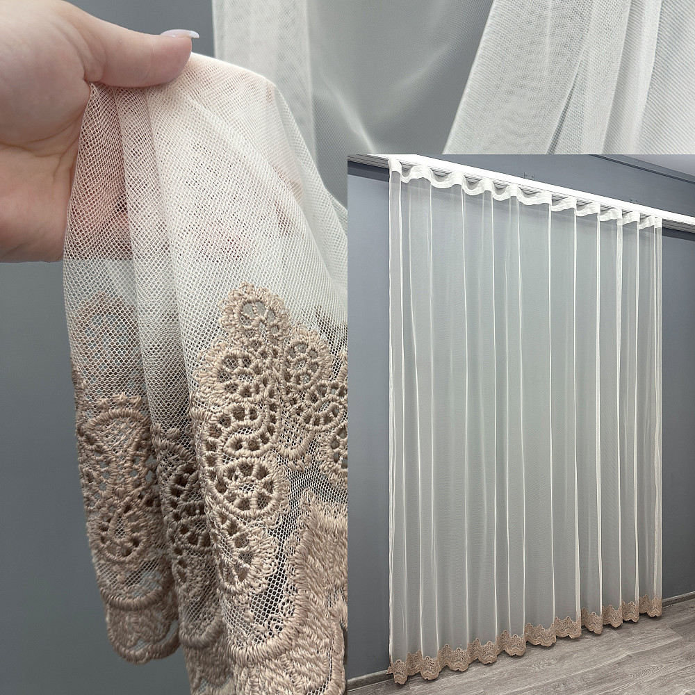 Тюль VR-Textil 1699т Грек-сетка с вышивкой Молочный с пудровым 300х270 см (42-0733) Киев - изображение 1