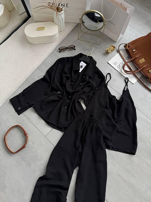 Женский легкий прогулочный костюм тройка: рубашка майка и штаны креп жатка 48/50, Черный Одесса - изображение 4