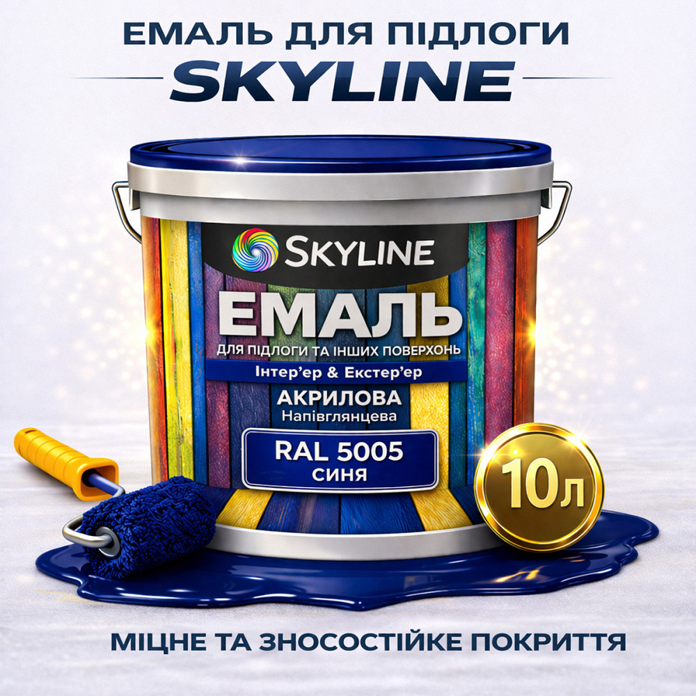 Емаль для підлоги SkyLine RAL 5005 Синя, вологостійка, зносостійка, без запаху, для дерева, металу та бетону, 10 л Харків - фото 1