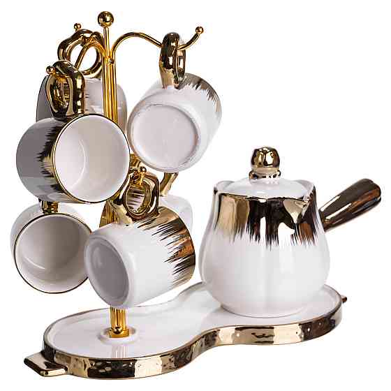 Кавовий сервіз на підставці з туркою 450 (мл) 6 чашок по 90 (мл) подарунковий набір чашок на підставці Білий із золотом FM-JJ-3 Київ