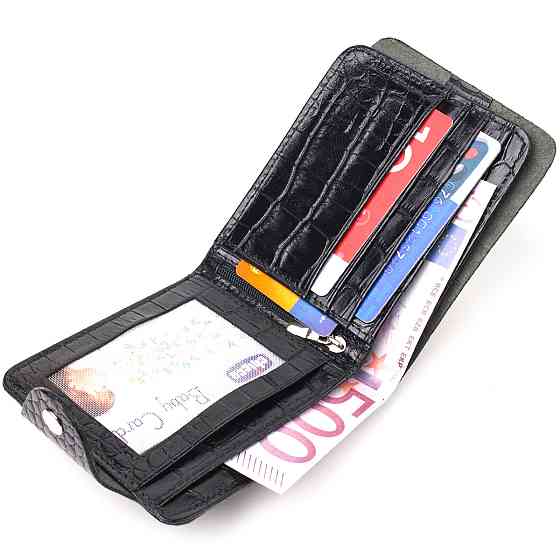 Стильне чоловіче портмоне у два складення з натуральної фактурної шкіри з тисненням під крокодила CANPELLINI 21572 Чорне Київ