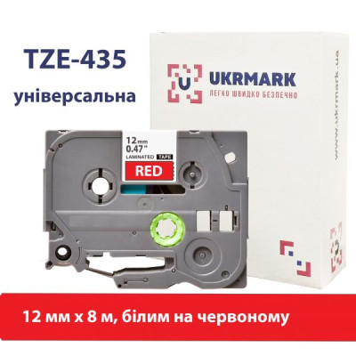 Стрічка для принтера етикеток UKRMARK B-T435P, ламінована, 12мм х 8м, white on red, аналог TZe435 (00784) Вінниця - фото 1