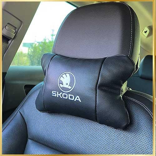Набір автоподушок 2шт на підголівник Skoda / Шкода з натуральної шкіри чорні + брелок у подарунок Київ - фото 1