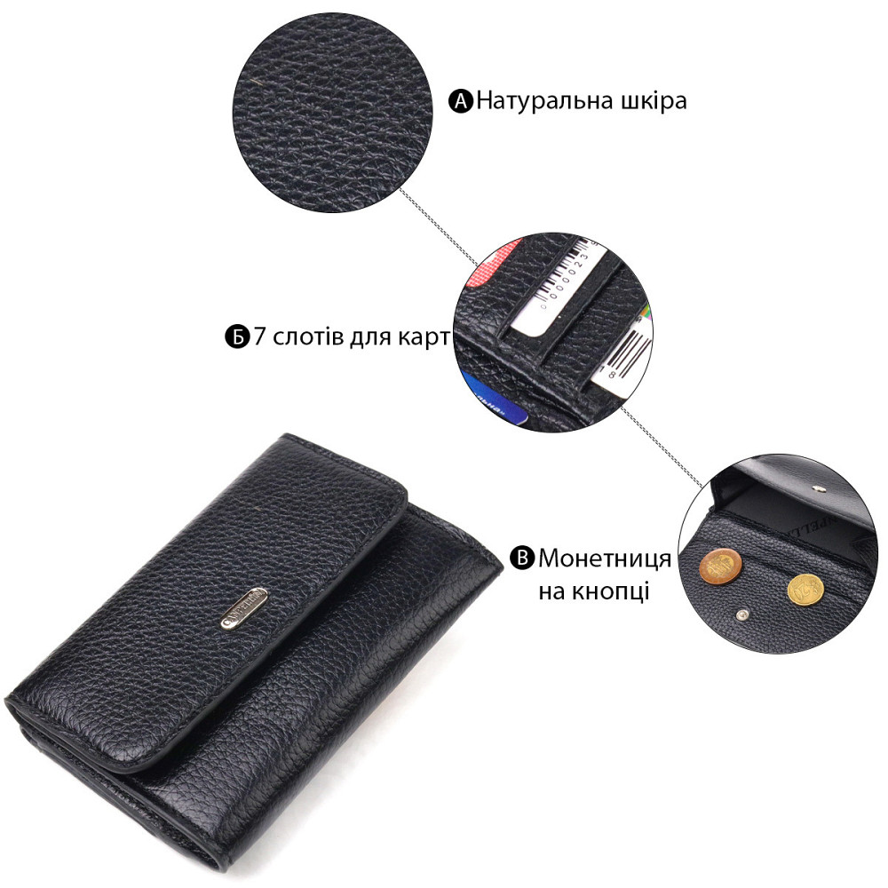 Классический женский кошелек из натуральной кожи флотар Черный (CANPELLINI) Киев - изображение 8