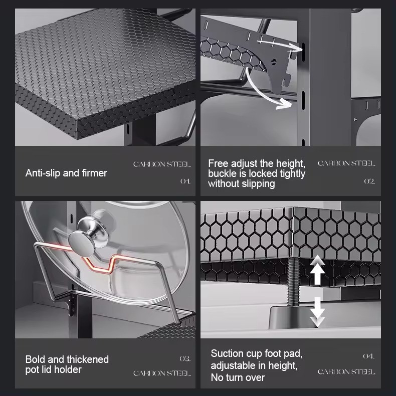 Полиця-підставка для каструль на 3 полиці двостороння з 3 тримачами для кришок з вуглецевої сталі, сіра Кам'янець-Подільський - фото 4