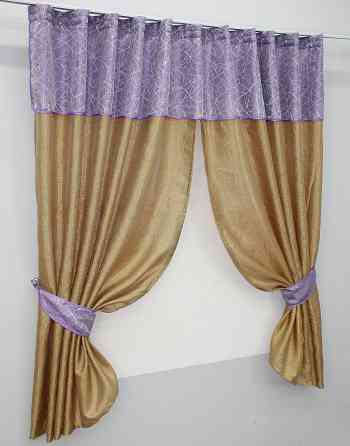 Кухонные шторы VR-Textil № 073к с ламбрекеном и подхватами золотистый с сиреневым 275х170 см (52-0052) Киев