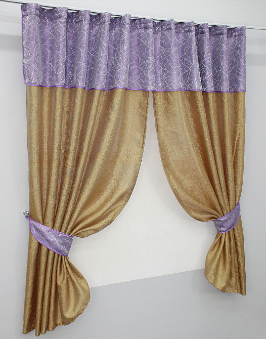 Кухонные шторы VR-Textil № 073к с ламбрекеном и подхватами золотистый с сиреневым 275х170 см (52-0052) Киев - изображение 2
