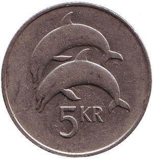 Дельфіни. Монета 5 крон, 1981-1992 рік, Ісландія. Полтава - фото 1