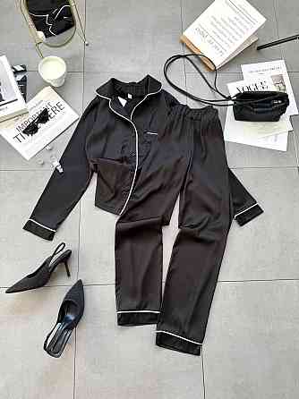 Жіноча легка піжама подвійна: сорочка та штани шовк Чорний, 46/48 Одеса