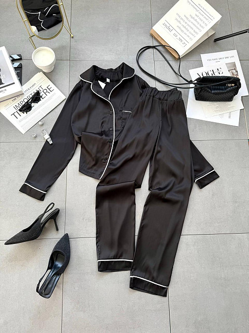 Жіноча легка піжама подвійна: сорочка та штани шовк Чорний, 46/48 Одеса - фото 2