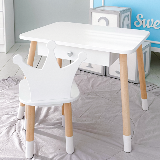 Стіл прямокутний з ящиком для речей 46х60х45 і стілець корона 26х26х24, столик та стільчик в дитячу, білий Київ
