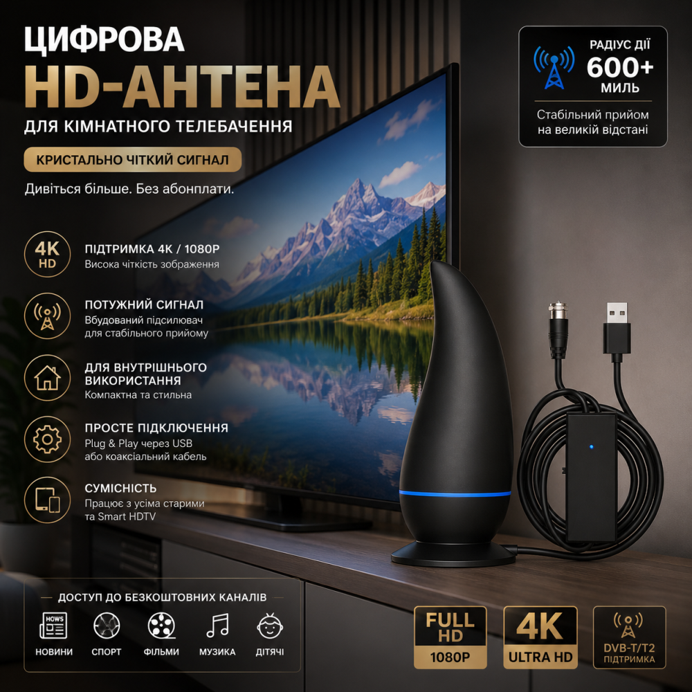 Кімнатна цифрова HD-антена для Smart TV ITBAZ з підсилювачем сигналу 600 миль — ТБ-антена з підтримкою 4K 1080P, Чорна Київ - фото 1