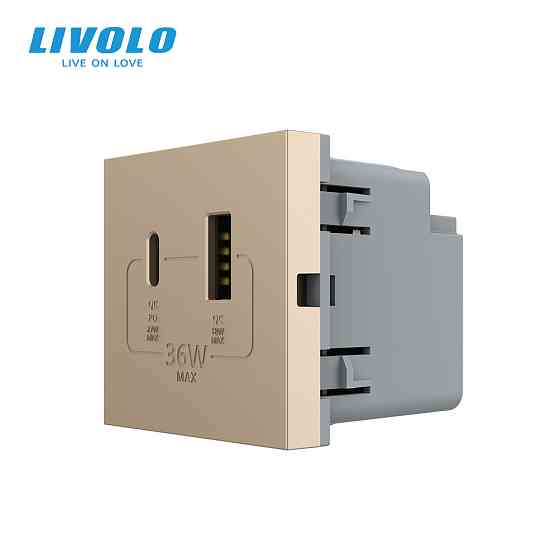 LIVOLO Розетка LIVOLO USB-A + USB-C PD 36Вт, золота, швидке заряджання, Power Delivery QC 3.0, Коломия