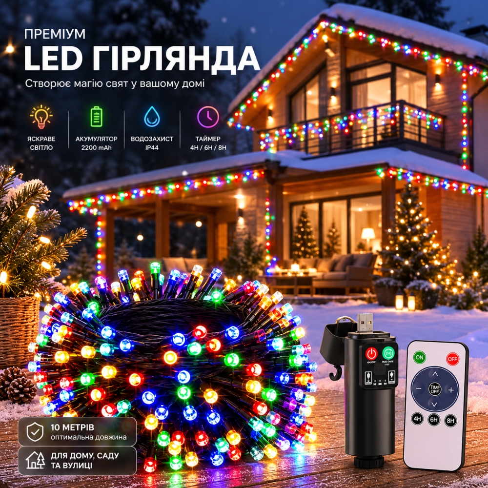 Акумуляторна LED гірлянда 10 м 100 LED з пультом, USB, водонепроникна IP65, 8 режимів, 10 рівнів яскравості, таймер, для дому Київ - фото 9
