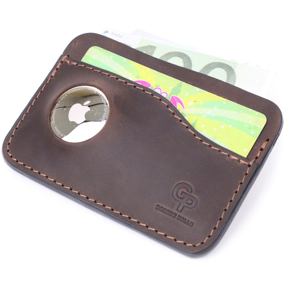 Зручний картхолдер з утримувачем для Apple AirTag з натуральної шкіри GRANDE PELLE 11612 Коричневий Київ - фото 5