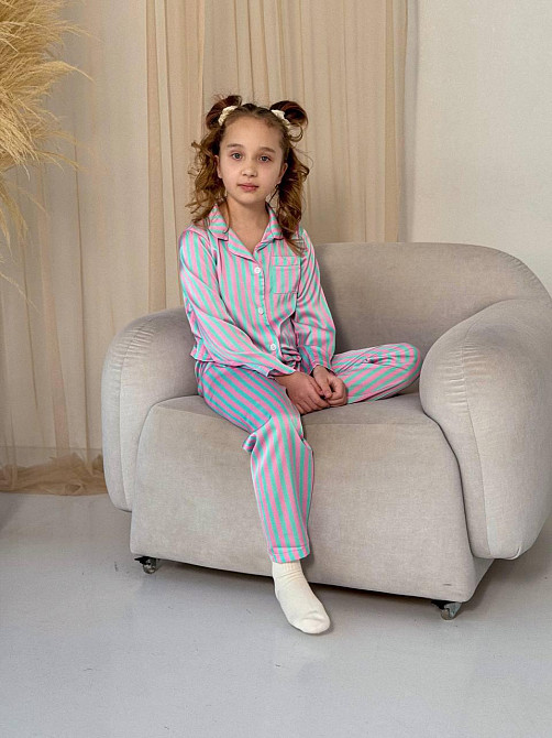 Дитяча піжама із сатину Блакитно-рожева смужка 154-158 Харків - фото 1
