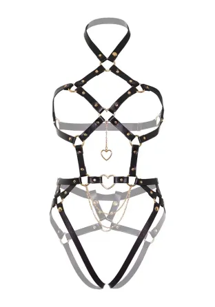 Портупея-тедді з екошкіри Leg Avenue Heart ring harness teddy M Black, підвіска-сердечко, ланцюги Львів
