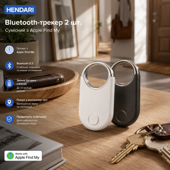 Bluetooth-трекер HENDARI 2 шт, совместим с Apple Find My, Bluetooth 5.3, сменная батарея CR2032, для iPhone Киев