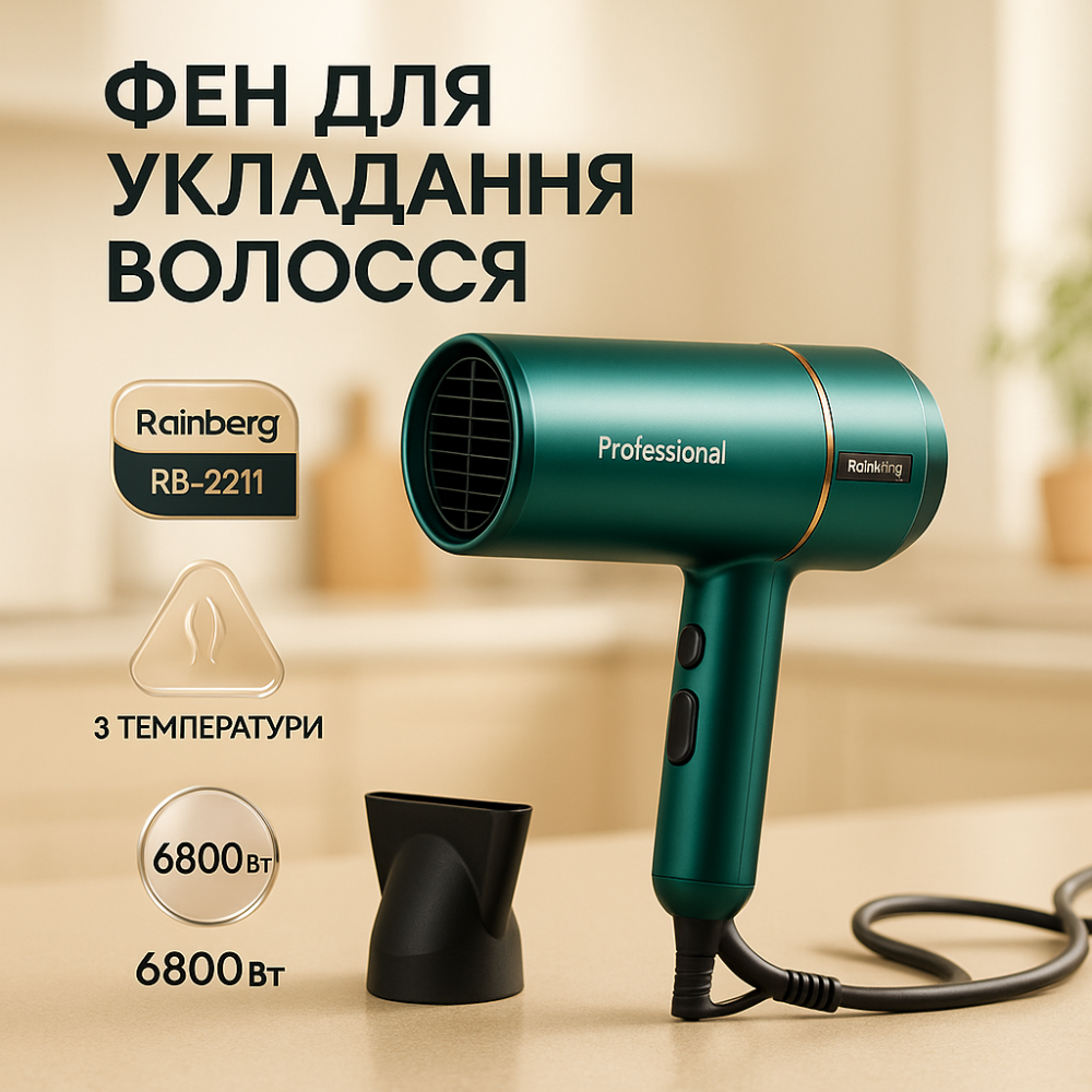 Фены для сушки волос Rainberg, Фен для волос с насадками, Фен мощный, Хороший мощный фен дорожный MP-40 Львов - изображение 18