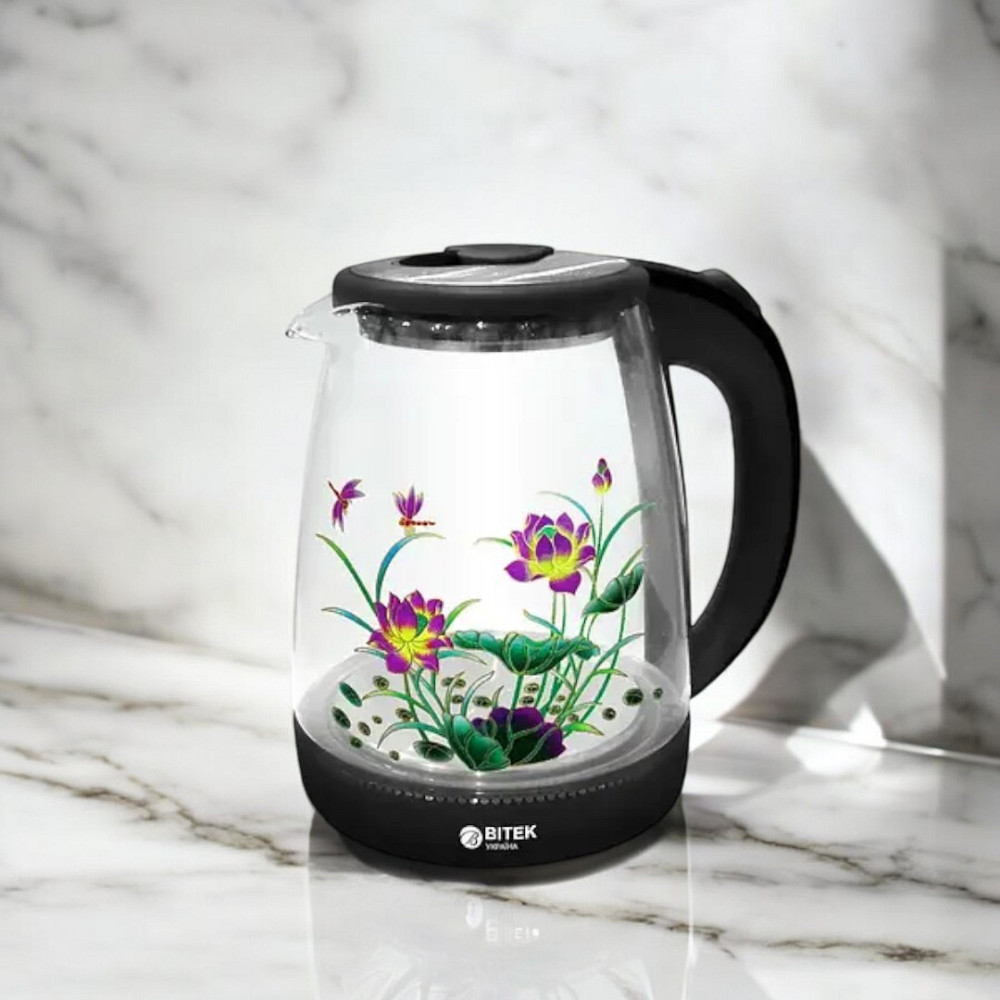 Чайник электрический стеклянный с цветком 1,8л 2400Вт синяя LED-подсветка BITEK BT-3111 Одесса - изображение 1
