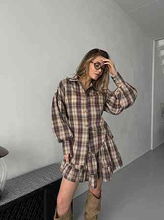 Жіночий стильний костюм-двійка: сорочка та спідниця в карту тіар Бежевий, 42/44 Одеса