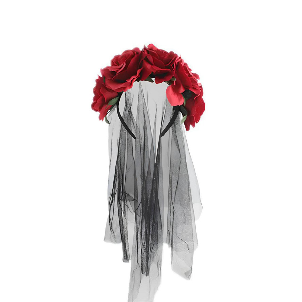 Обруч с розами и черной фатой RESTEQ. Ободок с розами и фатой. Обруч с красными розами и фата на Хэллоуин. Украшение для волос Киев - изображение 1
