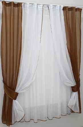 Кухонний комплект VR-Textil № 038к шторки і тюль коричневий з білим 280х170 см (50-325) Київ