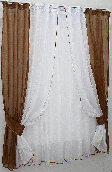 Кухонний комплект VR-Textil № 038к шторки і тюль коричневий з білим 280х170 см (50-325) Київ - фото 2