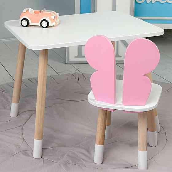 Детский  прямоугольный стол и стул розовый бабочка с белым сидением. Детский белый столик Киев