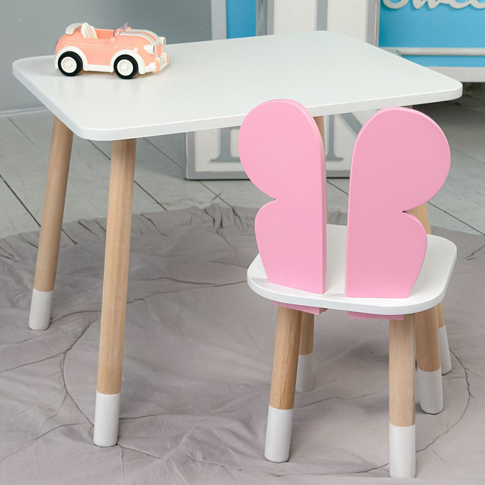 Дитячий прямокутний стіл та стільчик рожевий метелик з білим сидінням. Дитячий  білий столик Київ - фото 3