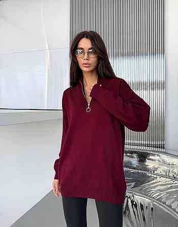 Жіночий стильний подовжений оверсайз светр зі змійкою в'язання 50% котон/50% акрил Бургунді Одеса