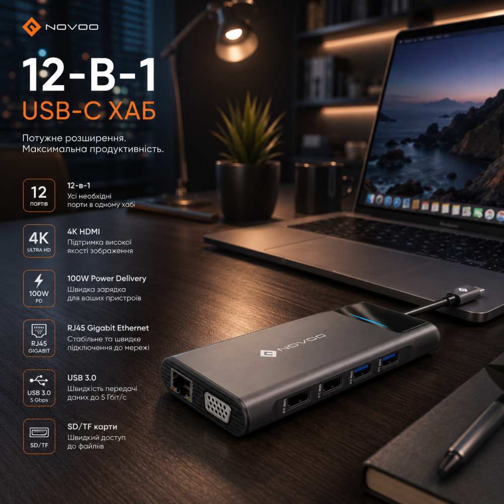 Док-станція NOVOO 12-в-1: Потужний USB-C хаб для потрійного монітора, 100W PD, HDMI, VGA та Gigabit Ethernet Київ - фото 9