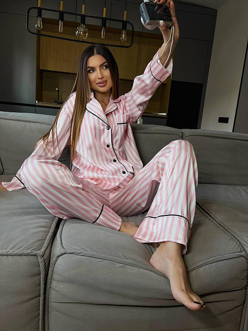 Женская шелковая пижама двойка в полоску Пудровый, 44/46 Одесса - изображение 7