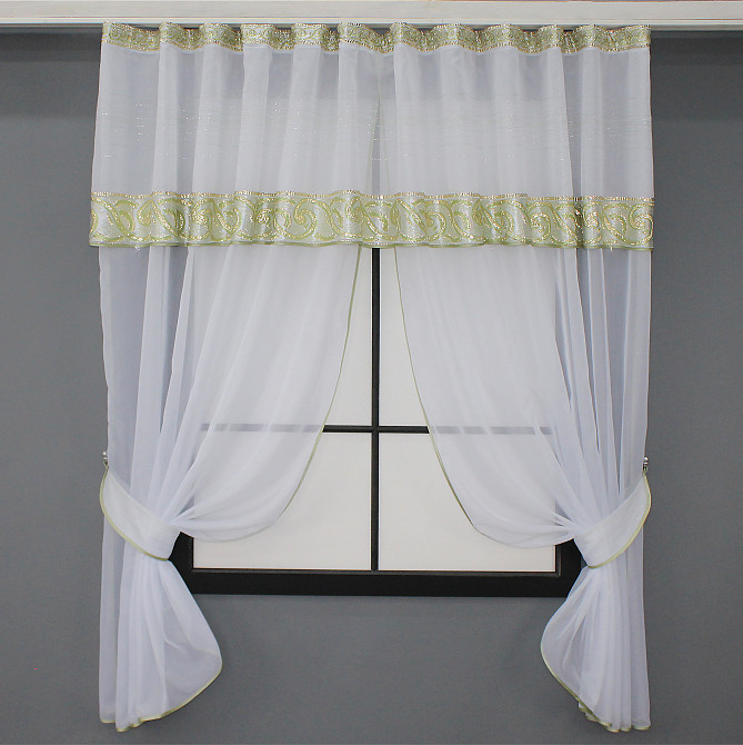 Кухонный комплект VR-Textil № 084к шторки с ламбрекеном белый с зеленым 280х170 см (52-0830) Киев - изображение 1