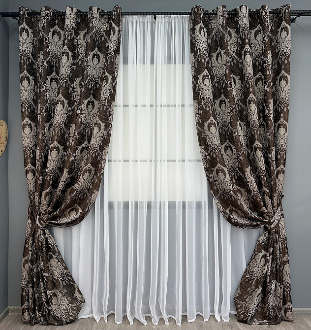 Комплект штор на люверсах VR-Textil Парча № 1773ш Венге з молочним 155х270 см 2 шт (37-0260) Київ - фото 2