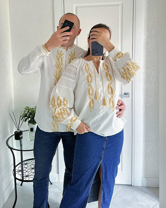 Женская стильная вышиванка с золотой вышивкой и с кружевными вставками 80% хлопок, 20% полиэстер. 42, Белый Одесса - изображение 4