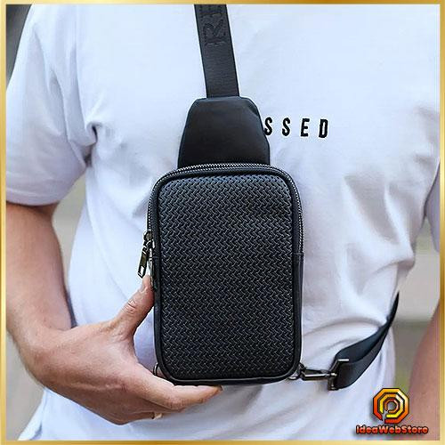 Брендова чоловіча нагрудна сумка рюкзак-слінг із натуральної шкіри молодіжна шкіряна чорна сумочка на плече Київ - фото 2