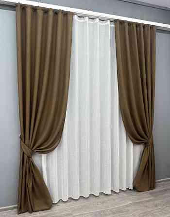 Комплект штор VR-Textil Лен Мешковина 200х270 2шт и Тюль 600х270 1476ш-115т Коричневый с белым 71-028/7 Киев