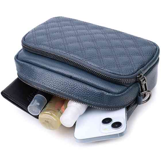 Стильна жіноча сумка прошита ромбами на лицьовій стороні з натуральної шкіри Vintage 22636 Синя Київ