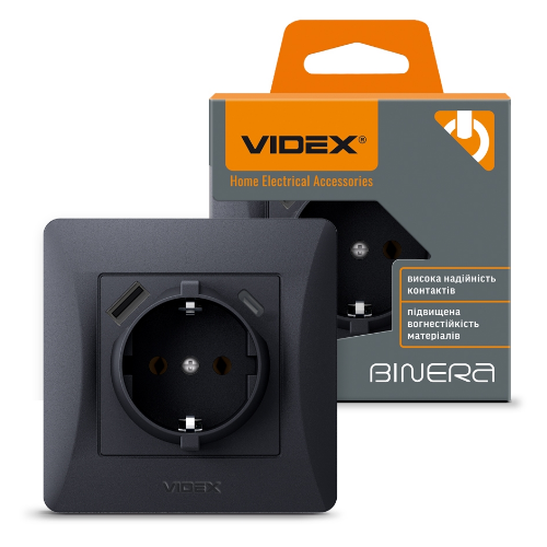 BINERA чорний графіт Розетка внутрішня +USB+Type-C із заземленням Videx Житомир