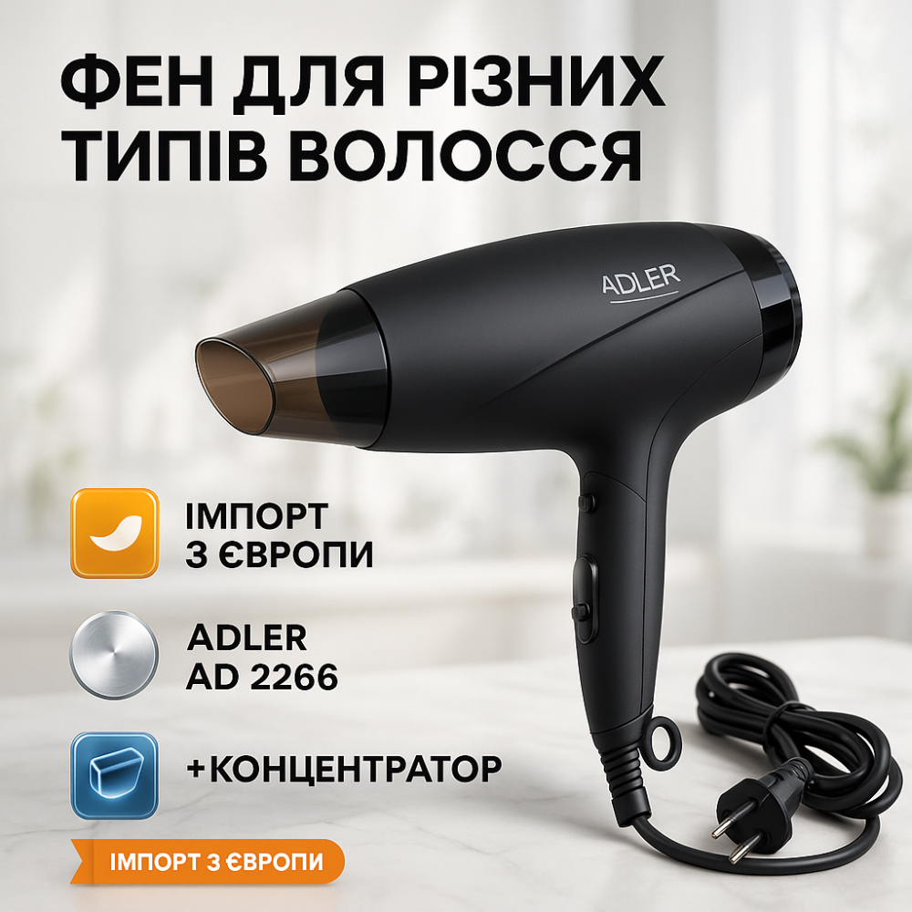 Удобный фен для домашнего использования Adler AD 2266 1400Вт, Женский мощный фен для укладки волос UQ-37 Львов - изображение 8