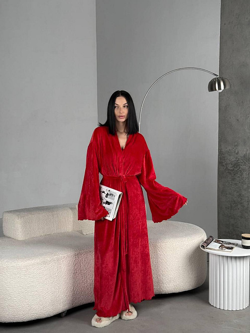 Женский стильный домашний велюровый макси халат плюш велюр Красный, Oversize 42/46 Одесса - изображение 7