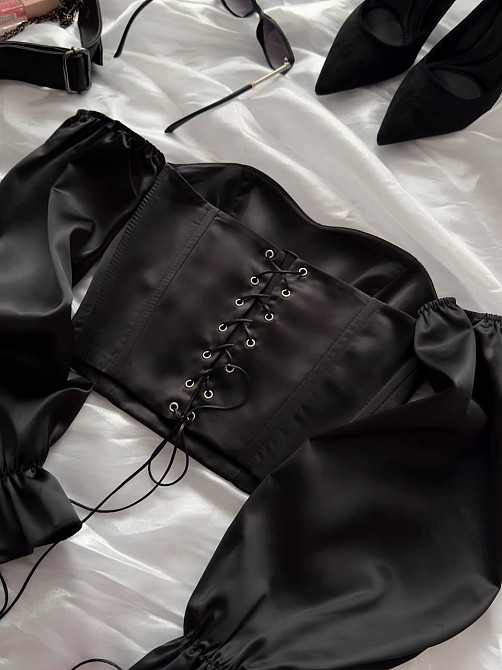 Жіночий романтичний привабливий укорочений корсет атлас Scarlet Чорний, S/M Одеса - фото 5