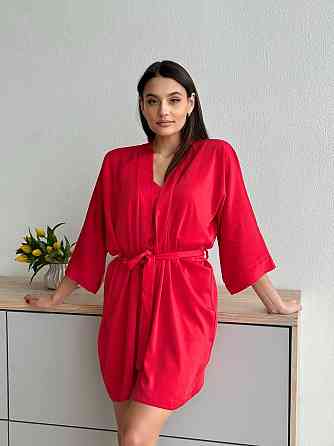 Халат женский шелк под пояс длина 90см Красный 3XL/4XL Харьков